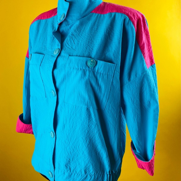 Vtg  80’S Petite Trends Teal & Pink Half- Sleeve Button Up Top Sz PL - Picture 5 of 6